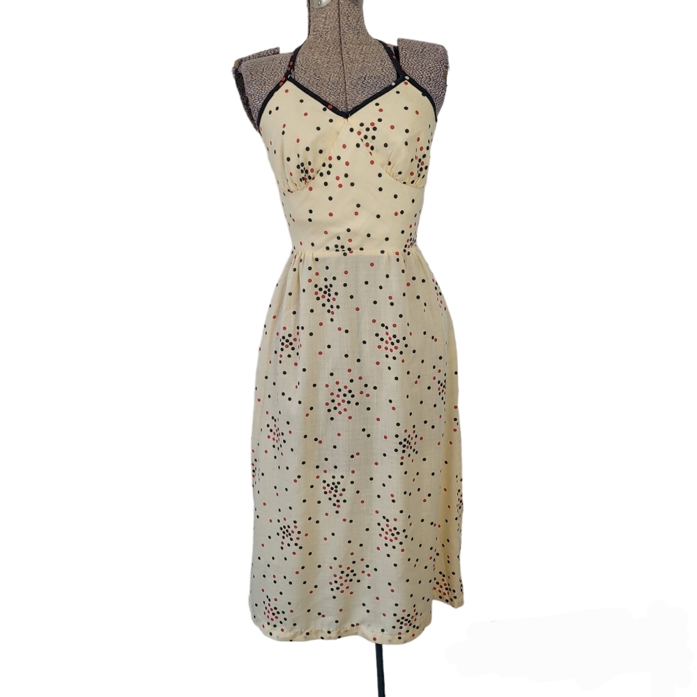 Vintage beige halter neck polkadot midi dress size 7